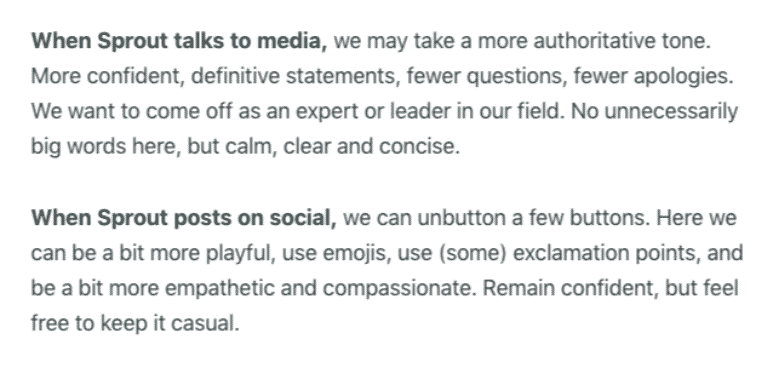 Example of Sprout's style guide for how they talk to media and how they talk on social media.