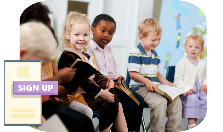 sign up graphic with kids in a bible study setting holding books