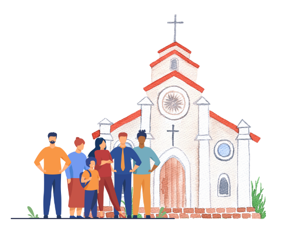 Drawn image of a family standing in front of a church