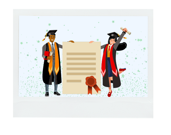 postcard graphic of two people graduating