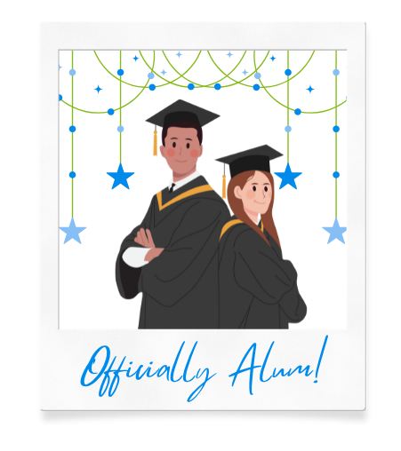 cartoon graphic of a polaroid of a boy and girl graduating