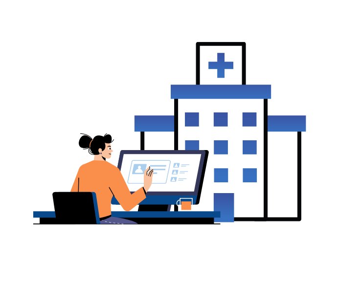 graphic of a student taking an online course in front of a hospital