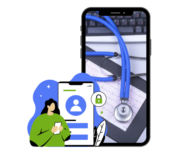graphic of a girl using her mobile phone to register for an online health class